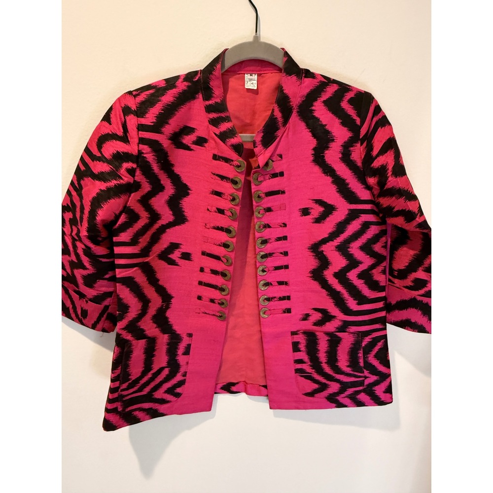 Thai Silk Pink Black Ikat Coin Button Cropped Jacket